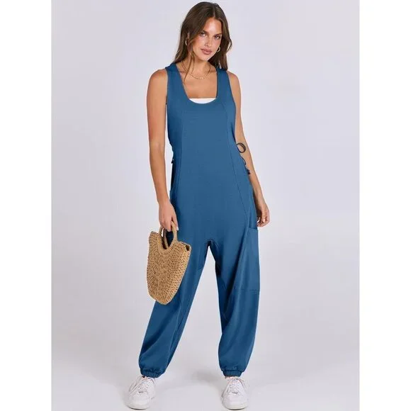 Women Deep Blue Overall Jumpsuit Loose Casual Dressy Sleeveless Baggy Romper - Picture 3 of 6